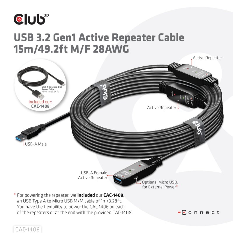Club3D USB 3.2 A Verlängerungskabel 15m aktiv 5 Gbps St/Bu