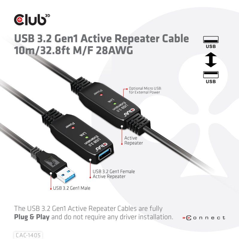 CLUB3D CAC-1405 câble USB USB 3.2 Gen 2 (3.1 Gen 2) 10 m USB A Noir