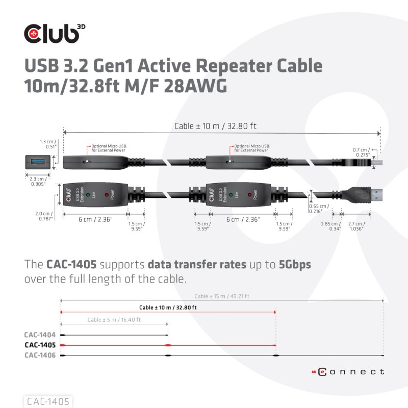 CLUB3D USB 3.2 Gen1 Active Repeater Cable 10m / 32.8ft M/F 28AWG