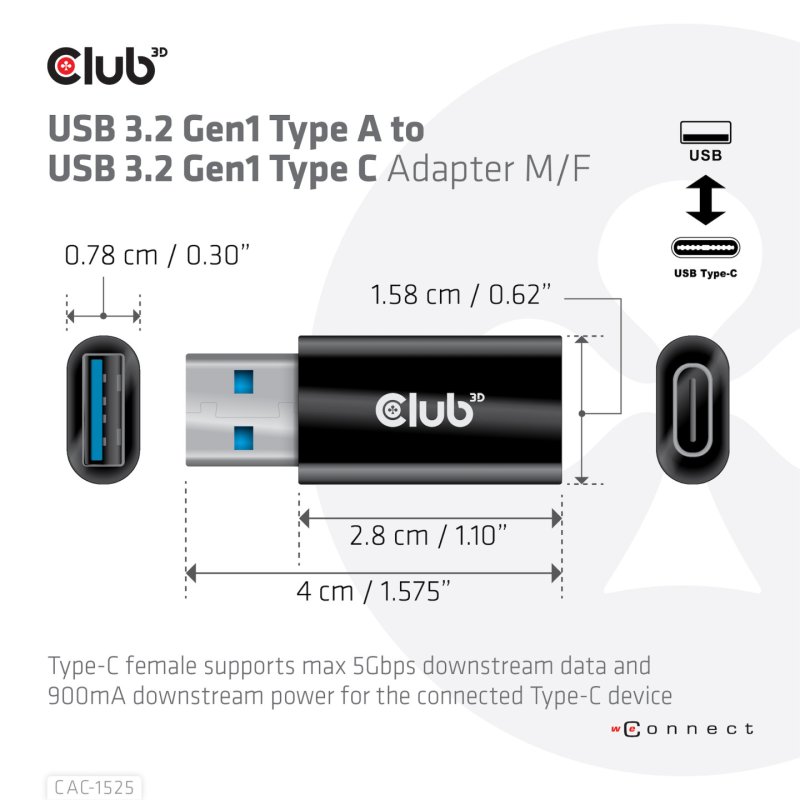 Club3D Adapter USB 3.2 Typ A USB 3.2 Typ C St/Bu