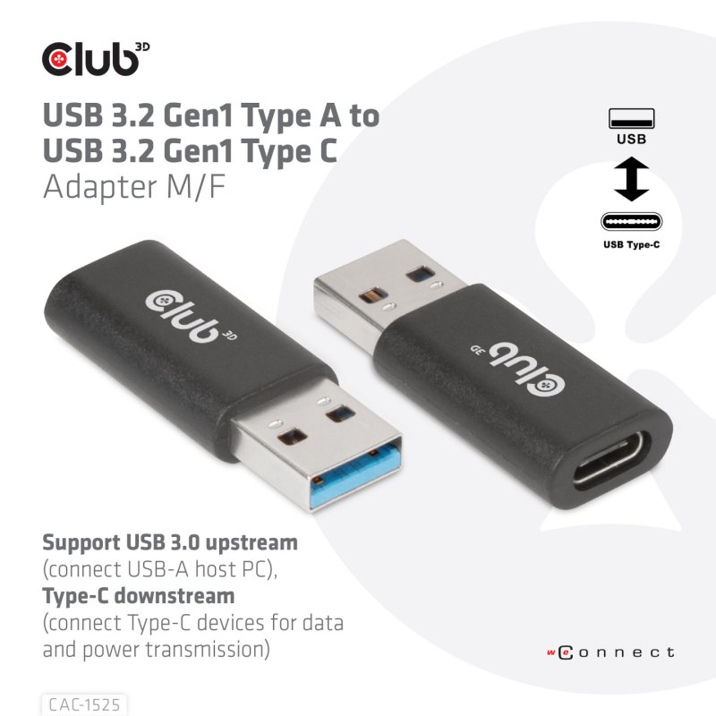 CLUB3D CAC-1525 changeur de genre de câble USB A USB TYPE C Noir
