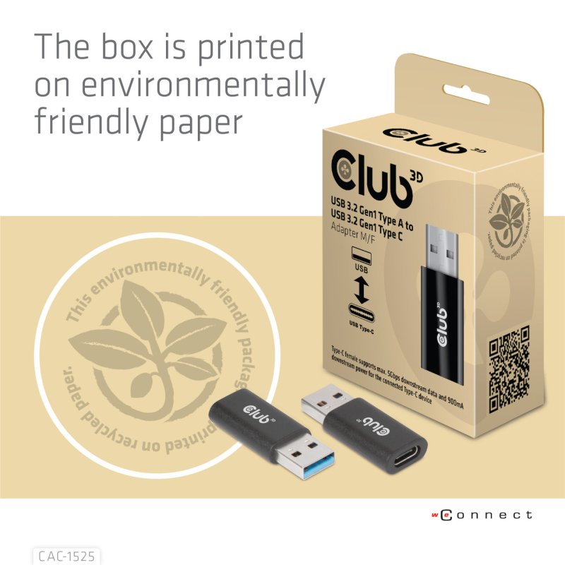 CLUB3D CAC-1525 changeur de genre de câble USB A USB TYPE C Noir
