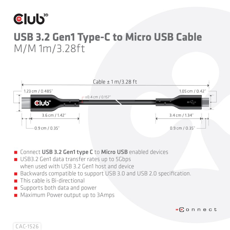 CLUB3D CAC-1526 câble USB USB 3.2 Gen 1 (3.1 Gen 1) 1 m USB C Micro-USB B Noir