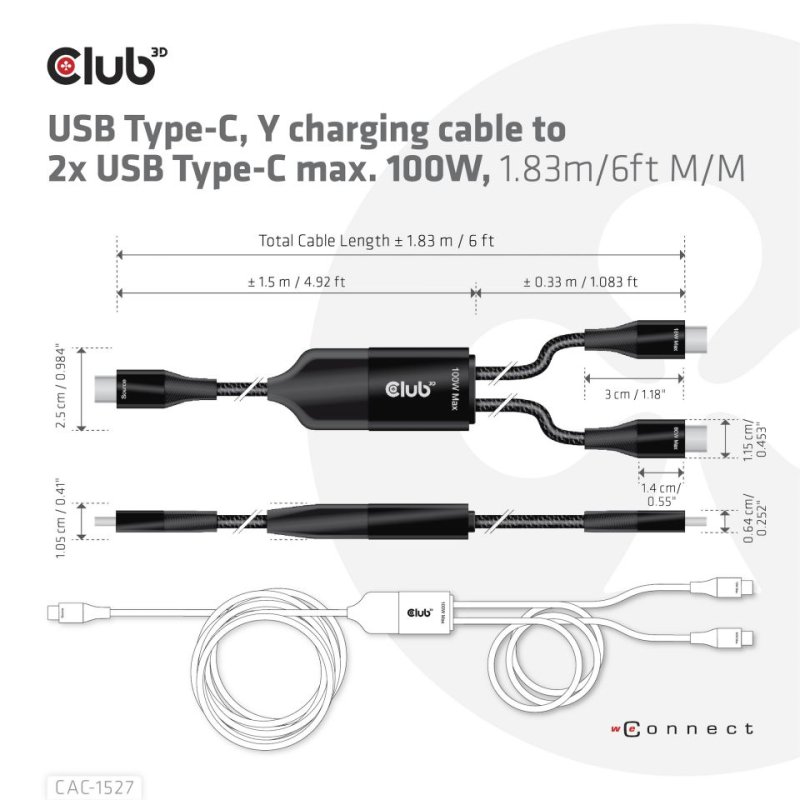 CLUB3D USB Type-C, Y charging cable to 2x USB Type-C max. 100W, 1.83m/6ft M/M