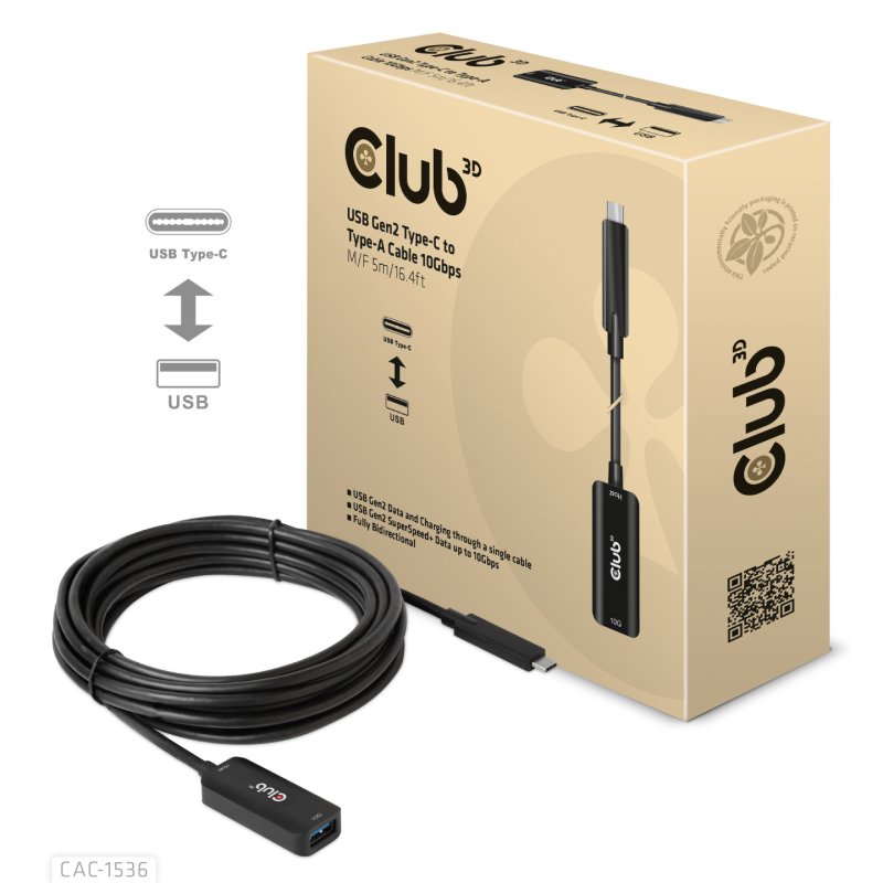 Club3D Kabel USB 3.2 Typ C USB Typ A 10Gbps St/Bu 5m