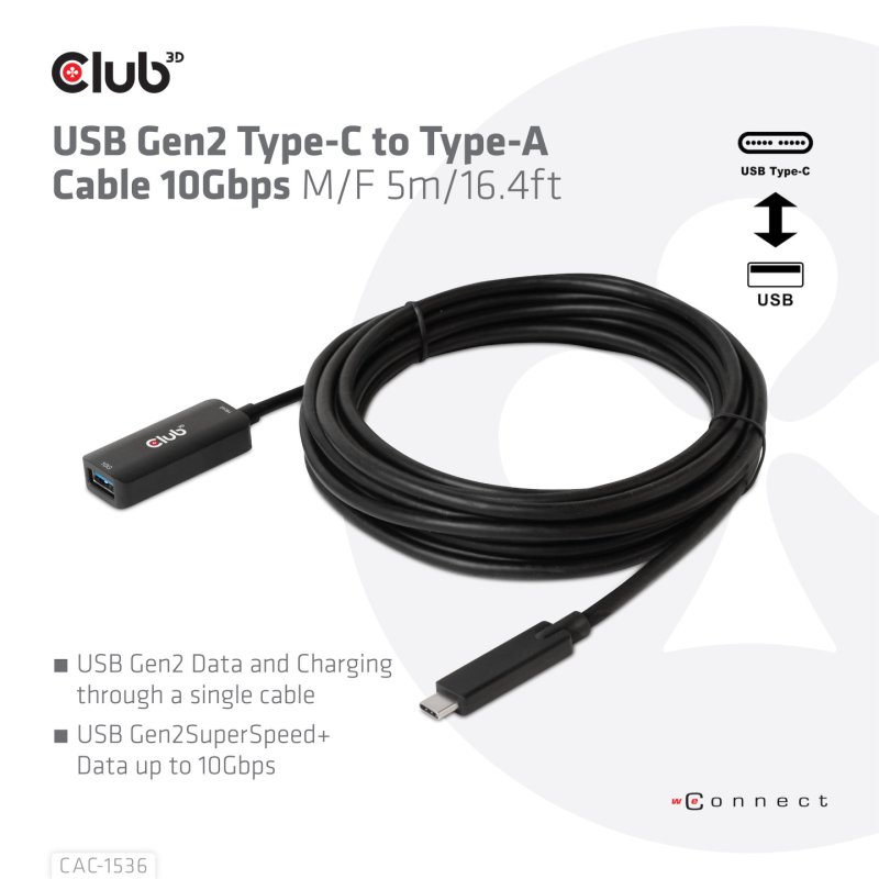 CLUB3D USB Gen2 Type-C to Type-A Cable 10Gbps M/F 5m/16.4ft