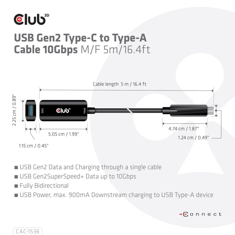 CLUB3D CAC-1536 câble USB USB 3.2 Gen 2 (3.1 Gen 2) 5 m USB C USB A Noir