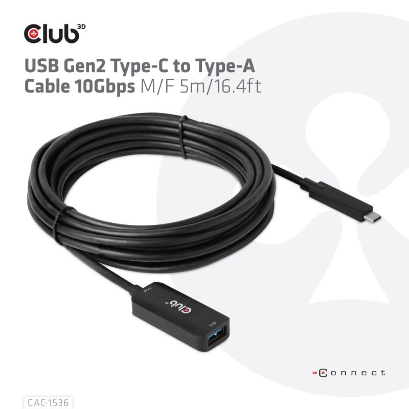 CLUB3D USB Gen2 Type-C to Type-A Cable 10Gbps M/F 5m/16.4ft