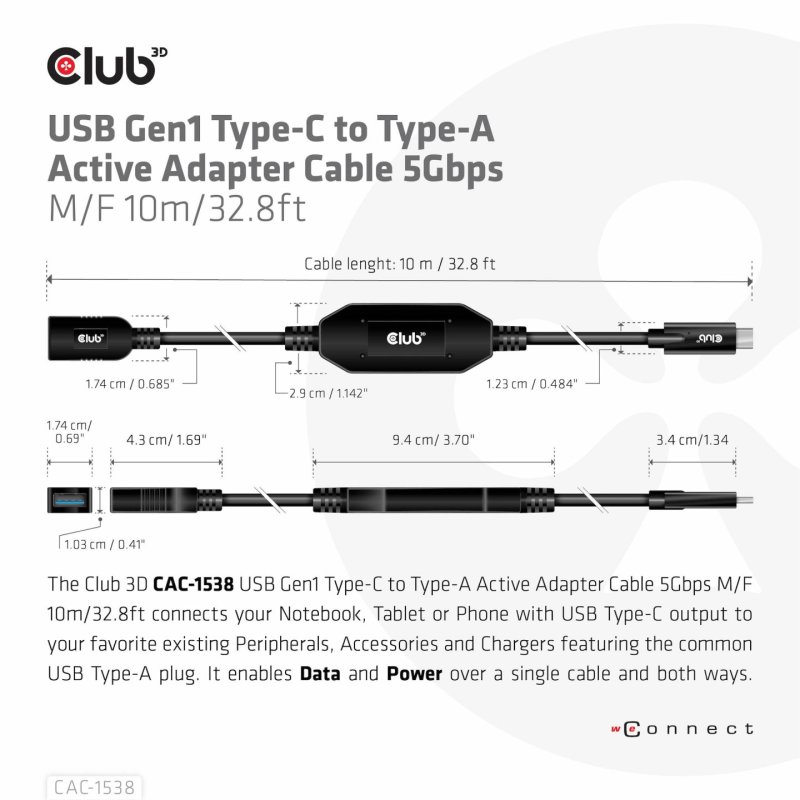 Club3D Kabel USB 3.2 Typ C USB Typ A 5Gbps St/Bu 10m