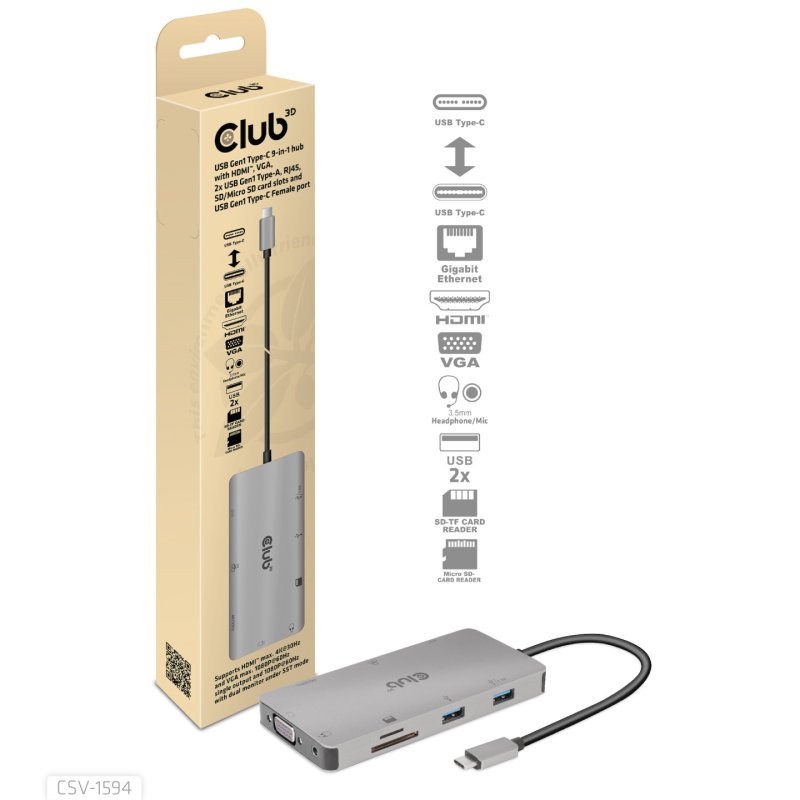 Club3D USB-C 9in1-HUB HDMI/VGA/2xUSB/USB-C/RJ45/SD PD100W
