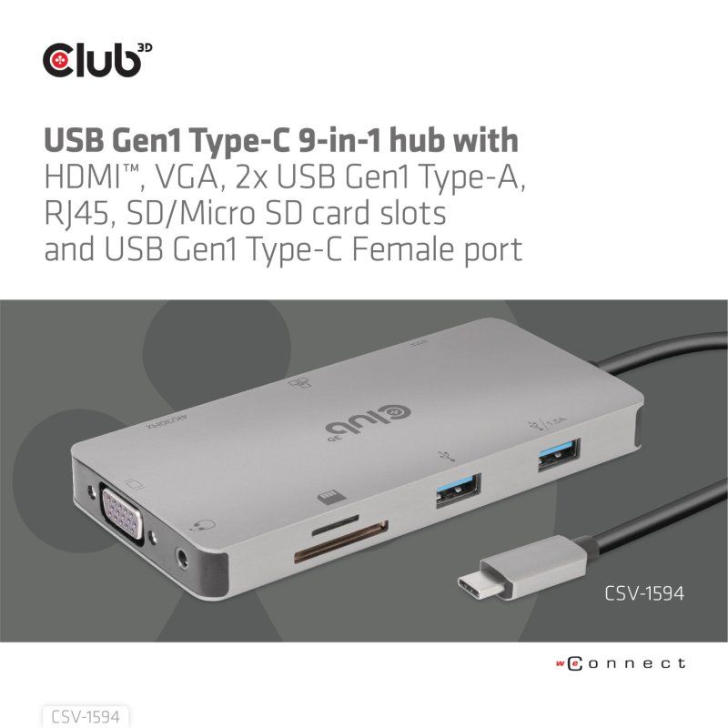 CLUB3D CSV-1594 station d'accueil USB 3.2 Gen 1 (3.1 Gen 1) Type-C Noir, Gris