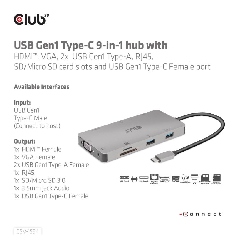 Club3D USB-C 9in1-HUB HDMI/VGA/2xUSB/USB-C/RJ45/SD PD100W