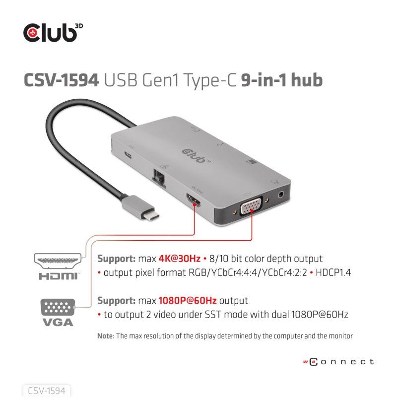 CLUB3D CSV-1594 station d'accueil USB 3.2 Gen 1 (3.1 Gen 1) Type-C Noir, Gris