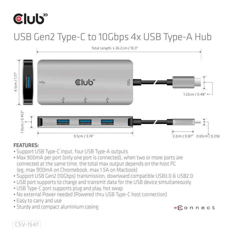 CLUB3D CSV-1547 hub & concentrateur USB 3.2 Gen 2 (3.1 Gen 2) Type-C 10000 Mbit/s Noir, Argent