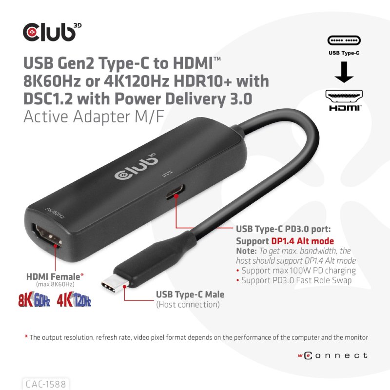 CLUB3D CAC-1588 câble vidéo et adaptateur 0,17 m USB Type-C HDMI Noir