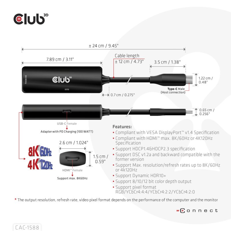CLUB3D CAC-1588 câble vidéo et adaptateur 0,17 m USB Type-C HDMI Noir