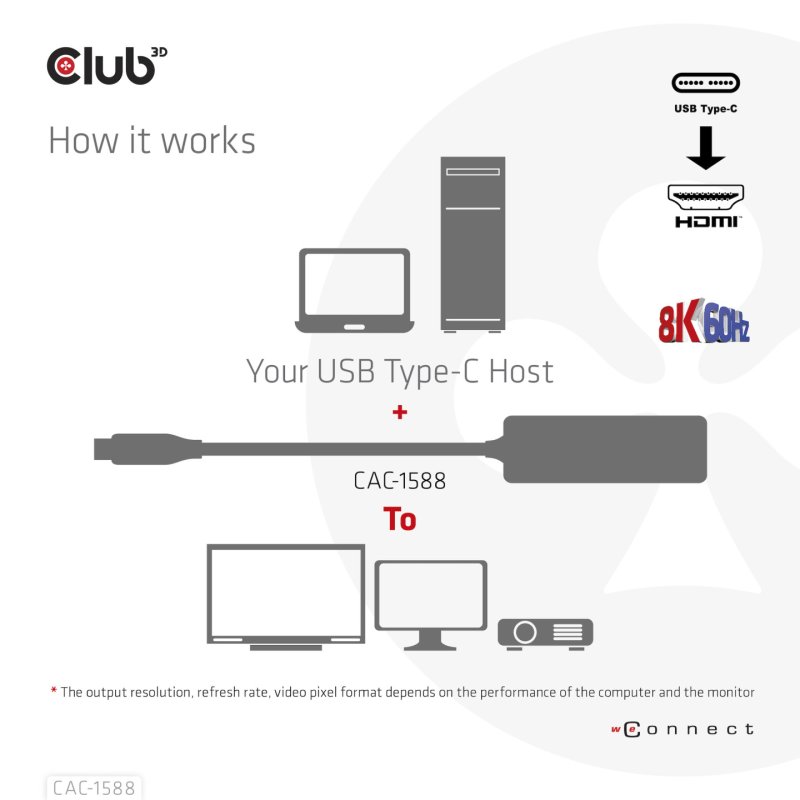 CLUB3D USB Gen2 Type-C to HDMI™ 8K60Hz or 4K120Hz HDR10 with DSC1.2 with Power Delivery 3.0 Active Adapter M/F