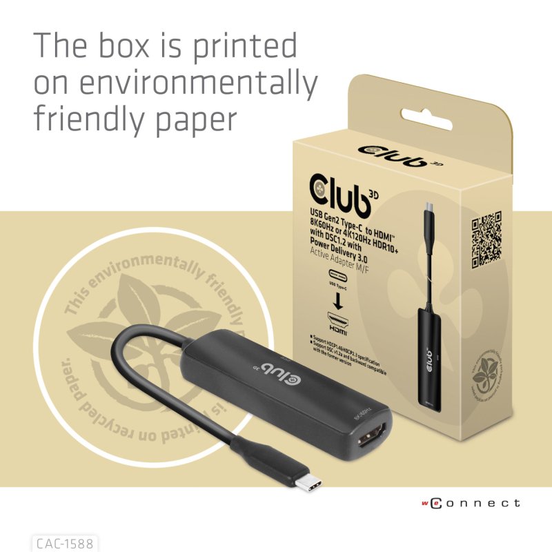 CLUB3D USB Gen2 Type-C to HDMI™ 8K60Hz or 4K120Hz HDR10 with DSC1.2 with Power Delivery 3.0 Active Adapter M/F