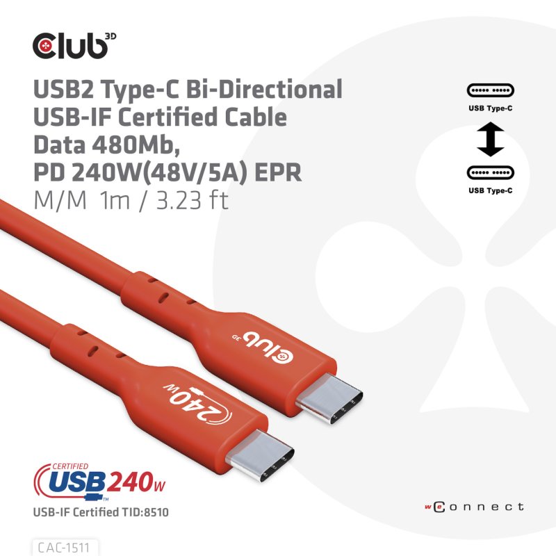CLUB3D CAC-1515 câble USB USB 2.0 4 m USB C Orange, Rouge