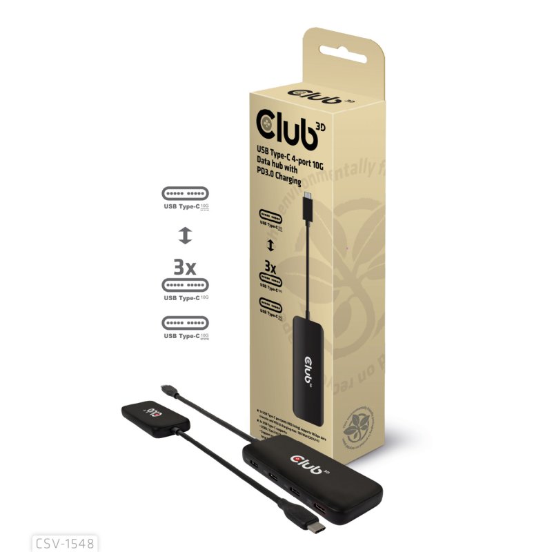 Club3D USB-Hub Typ C 4x USB Typ C 10Gbps 100W PD St/Bu