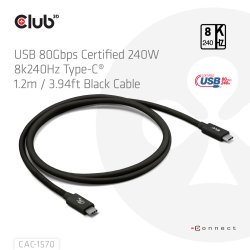 CLUB3D USB 80Gbps Certified 240W 8K240Hz Type-C 1.2m / 3.94ft Black Cable