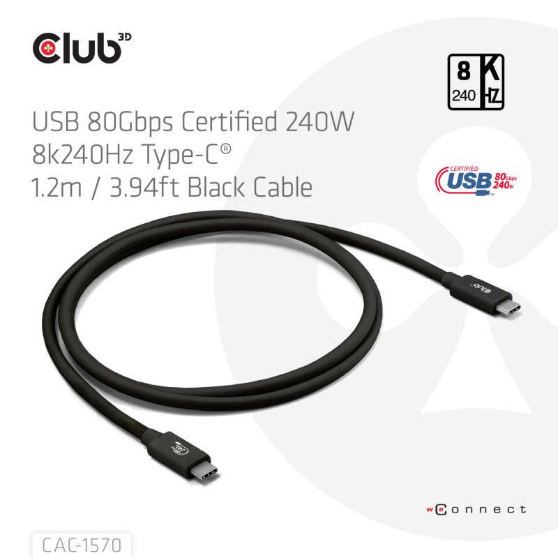 CLUB3D USB 80Gbps Certified 240W 8K240Hz Type-C 1.2m / 3.94ft Black Cable