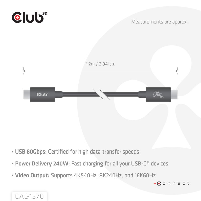 Club3D Kabel USB-C 80Gbps zertifi. PD240W/8K240Hz 1.2m St/St