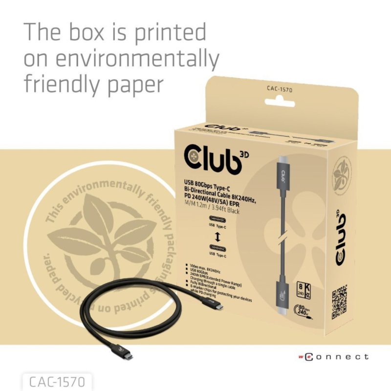 CLUB3D USB 80Gbps Certified 240W 8K240Hz Type-C 1.2m / 3.94ft Black Cable