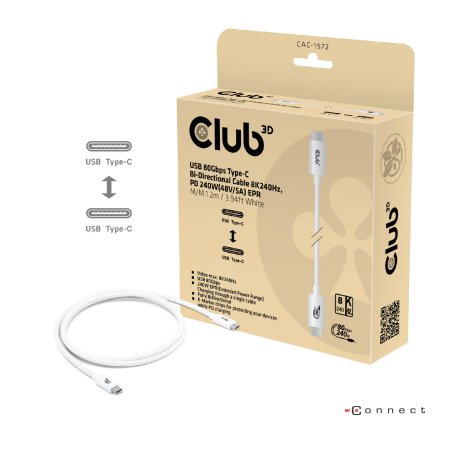 CLUB3D USB 80Gbps Certified 240W 8K240Hz Type-C 1.2m / 3.94ft White Cable