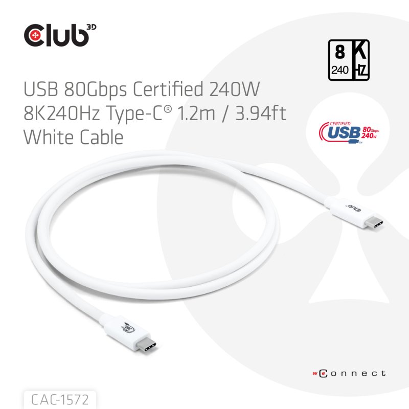 Club3D Kabel USB-C 80Gbps zertifi. PD240W/8K240Hz 1.2m weiß