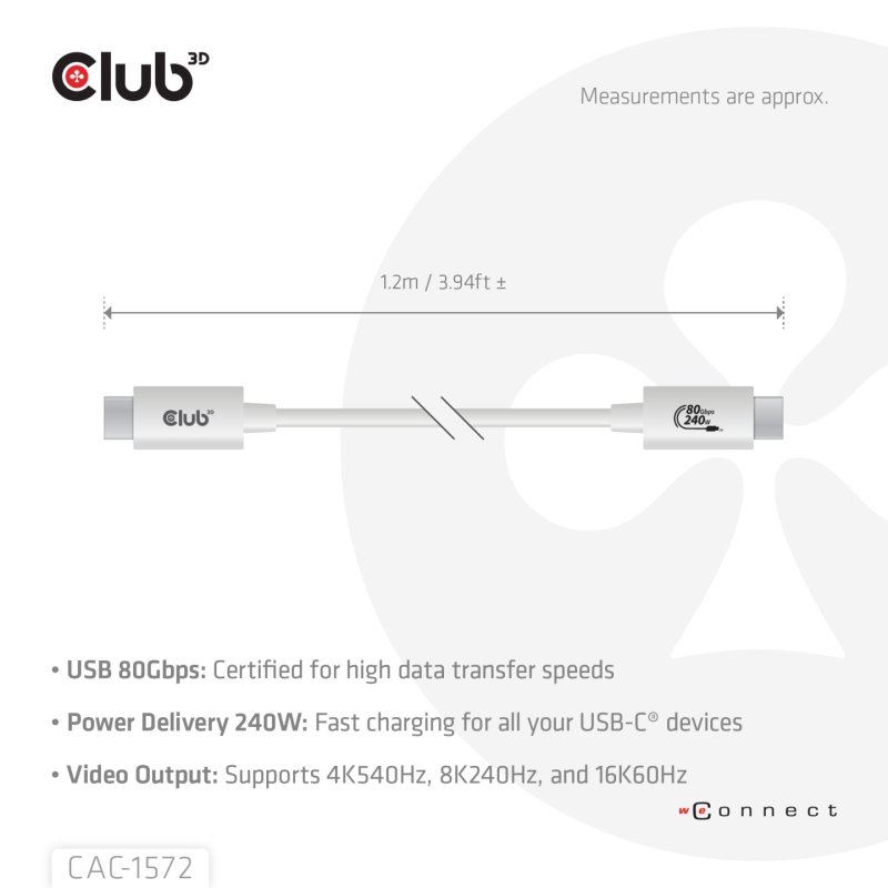 CLUB3D USB 80Gbps Certified 240W 8K240Hz Type-C 1.2m / 3.94ft White Cable