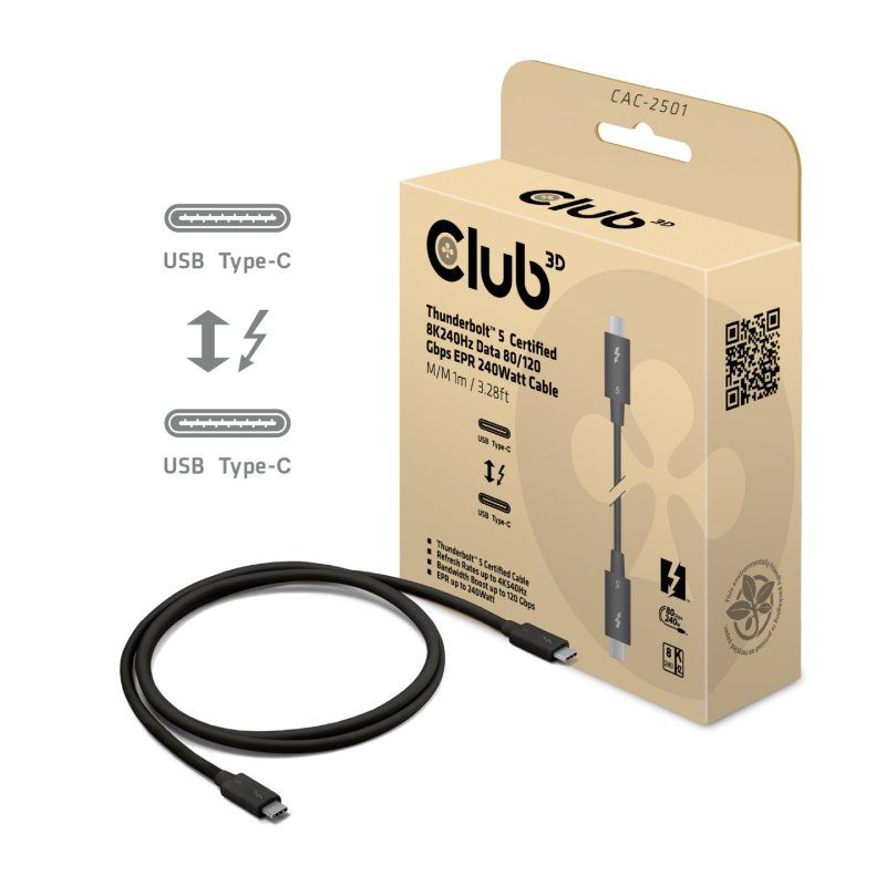 CLUB3D Thunderbolt™ 5 Certified 8K240Hz Data 80/120 Gbps EPR 240 Watt Cable M/M 1m / 3.28ft