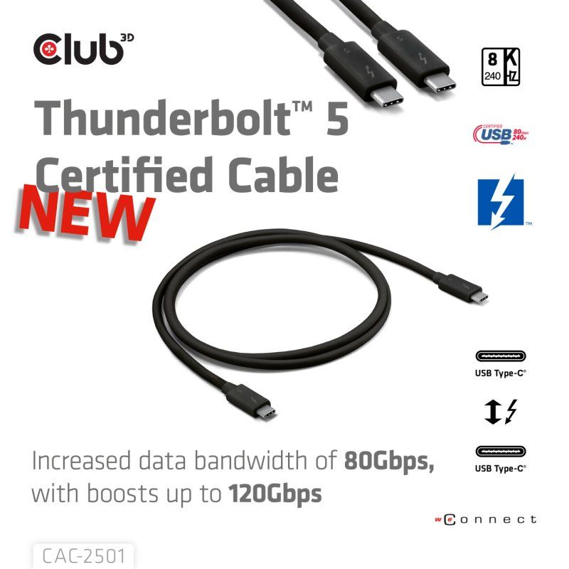 CLUB3D CAC-2501 Câble Thunderbolt 1 m 120 Gbit/s Noir