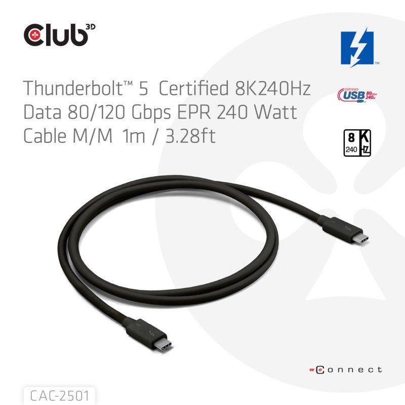 CLUB3D Thunderbolt™ 5 Certified 8K240Hz Data 80/120 Gbps EPR 240 Watt Cable M/M 1m / 3.28ft