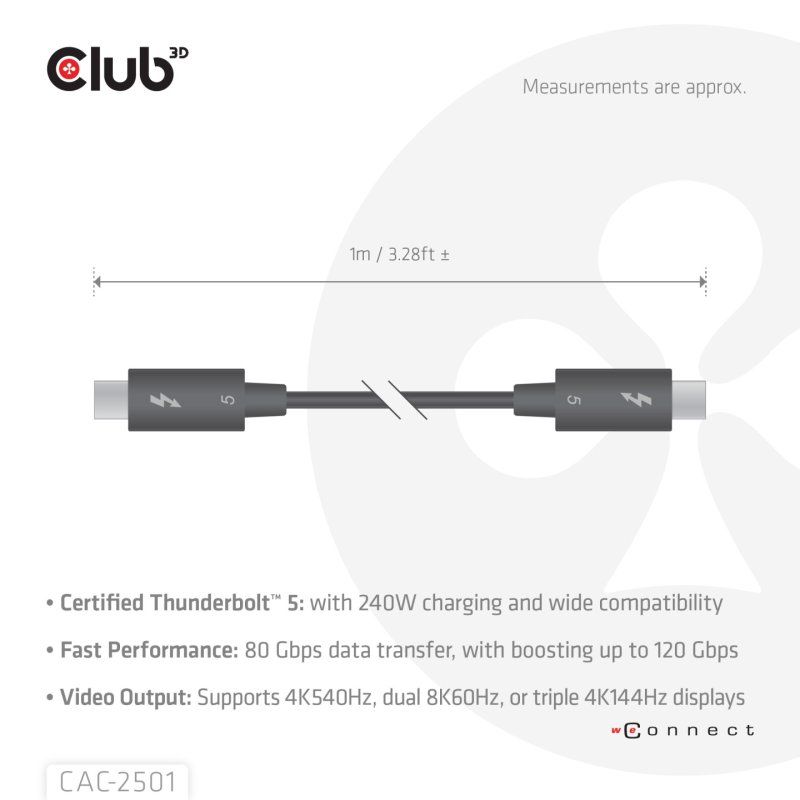 CLUB3D Thunderbolt™ 5 Certified 8K240Hz Data 80/120 Gbps EPR 240 Watt Cable M/M 1m / 3.28ft