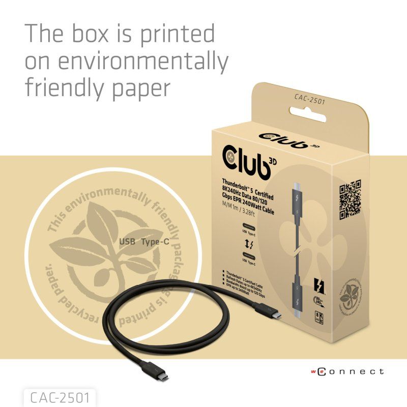 CLUB3D CAC-2501 Câble Thunderbolt 1 m 120 Gbit/s Noir