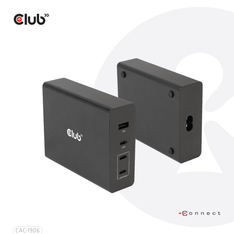 Club3D Ladegerät 3xUSB Typ C. 1xUSB Typ A. PD 132W. GaN retail