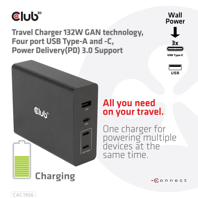 Club3D Ladegerät 3xUSB Typ C. 1xUSB Typ A. PD 132W. GaN retail