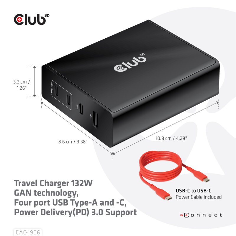 Club3D Ladegerät 3xUSB Typ C. 1xUSB Typ A. PD 132W. GaN retail