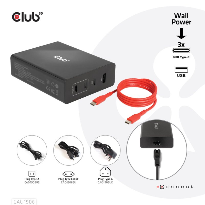 Club3D Ladegerät 3xUSB Typ C. 1xUSB Typ A. PD 132W. GaN retail
