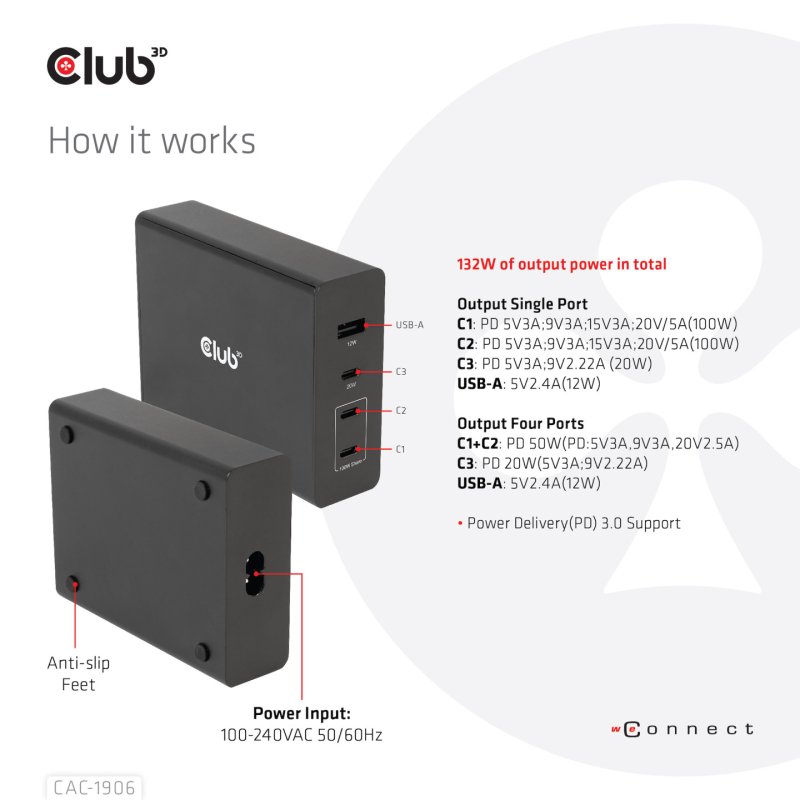 Club3D Ladegerät 3xUSB Typ C. 1xUSB Typ A. PD 132W. GaN retail