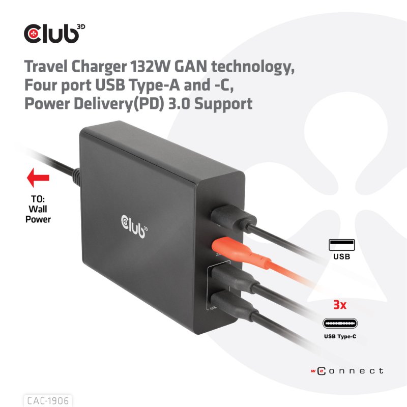Club3D Ladegerät 3xUSB Typ C. 1xUSB Typ A. PD 132W. GaN retail