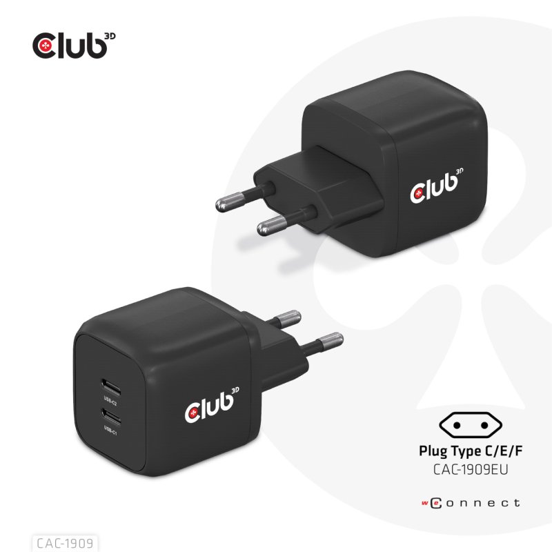 Club3D Ladegerät 2xUSB Typ C PD 45W. GaN retail