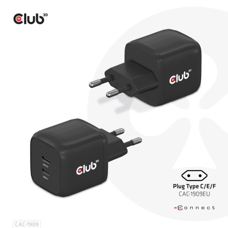 Club3D Ladegerät 2xUSB Typ C PD 45W. GaN retail