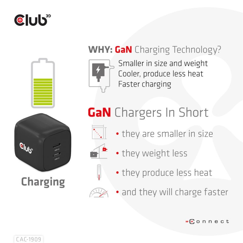 CLUB3D CAC-1909EU chargeur d'appareils mobiles Téléphone portable, Ordinateur portable, Smartphone Noir Secteur