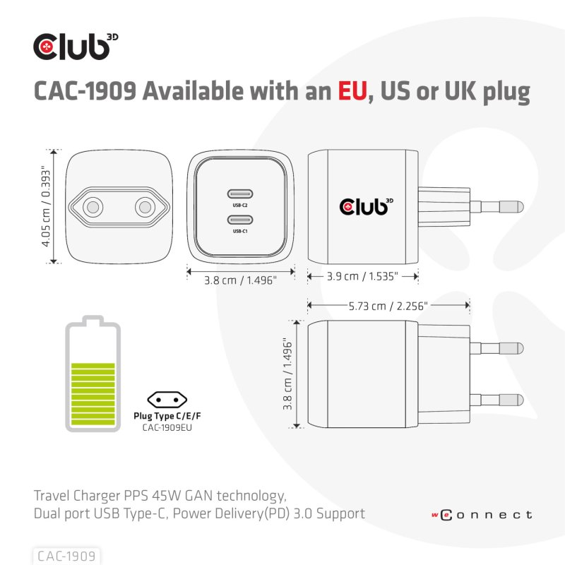 Club3D Ladegerät 2xUSB Typ C PD 45W. GaN retail
