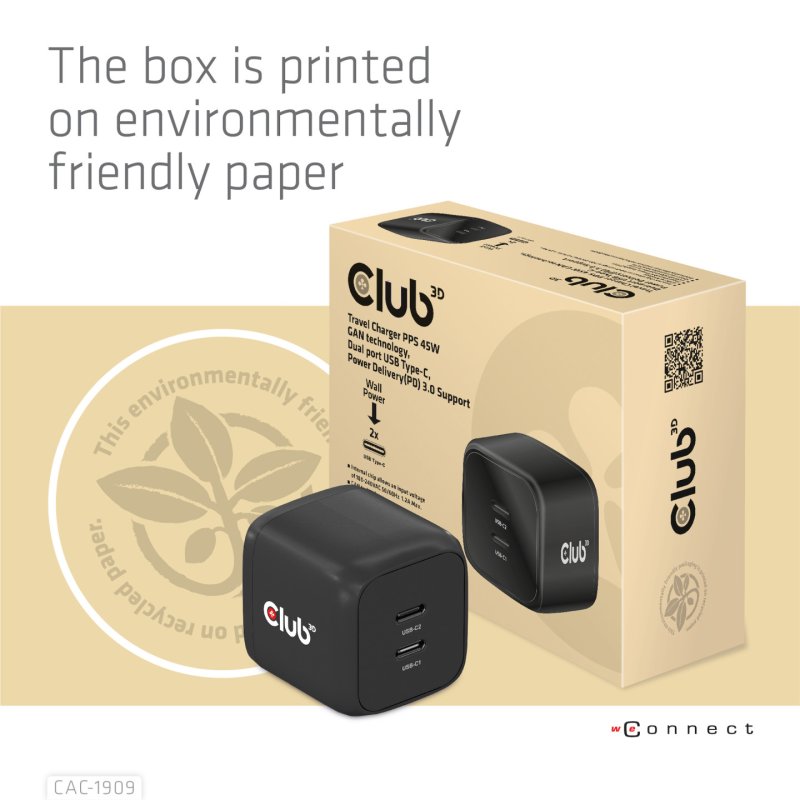 CLUB3D CAC-1909EU chargeur d'appareils mobiles Téléphone portable, Ordinateur portable, Smartphone Noir Secteur