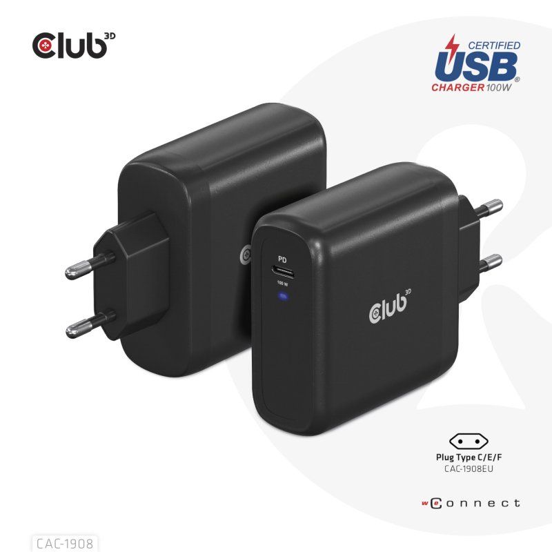 CLUB3D Travel Charger 100 Watt GAN technology, USB-IF TID certified, Single port USB Type-C, Power Delivery(PD) 3.0