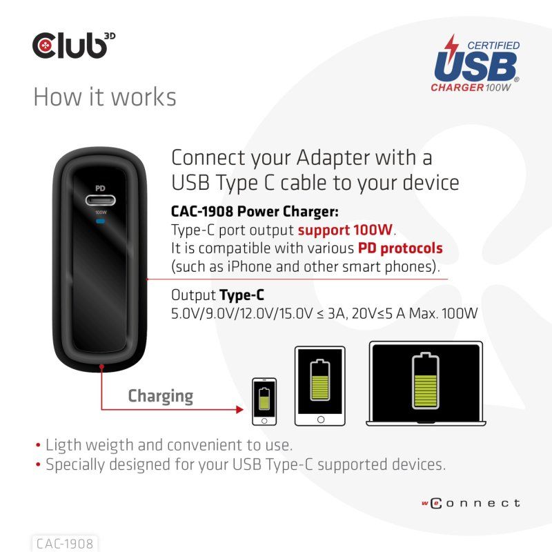 CLUB3D Travel Charger 100 Watt GAN technology, USB-IF TID certified, Single port USB Type-C, Power Delivery(PD) 3.0