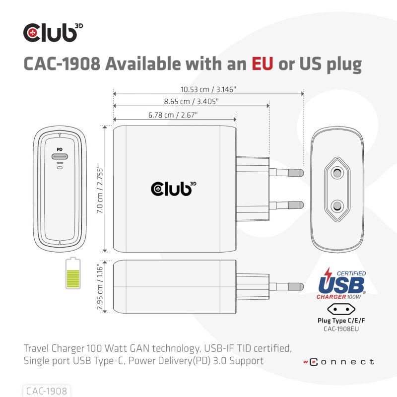 Club3D Ladegerät 1xUSB Typ C PD 100W. GaN retail